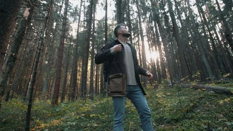 Man looking around in autumn forest. Male traveler trekking in pine woodland Video stock 119008957