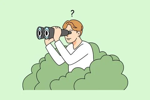 Man looking in binoculars from bush Stock Illustration