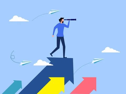 Man looking binoculars on a growing arrow. Looking forward. progress concept  Illustrazione stock