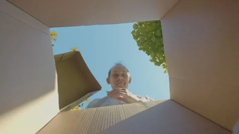 Man looking into a box, reaching in with curiosity and surprise, expressing.. Stock Footage 295194326