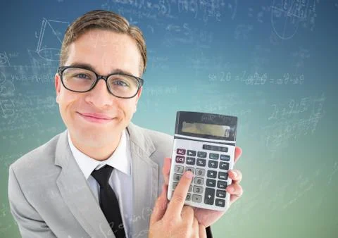 Man looking up with calculator and math doodles against blue green background Stock Photos