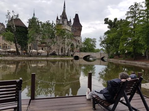 Man looking at the castle. Stock Photos
