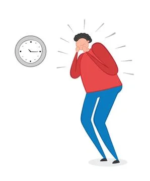 The man is looking at the clock and is very stressed, hand-drawn vector illus Stock Illustration