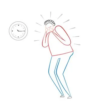 The man is looking at the clock and is very stressed, hand-drawn vector illus Stock Illustration