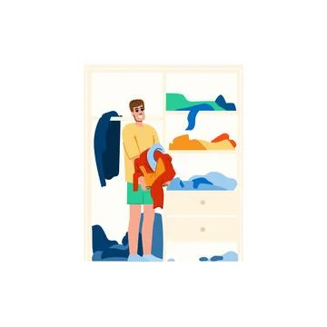 Man looking for clothes in messy wardrobe at home Stock Illustration