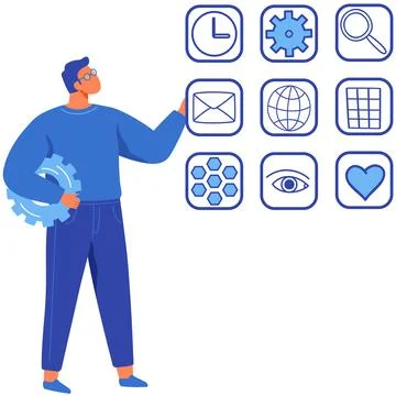 Man looking at computer or smartphone home screen icons. Guy working with 스톡 일러스트