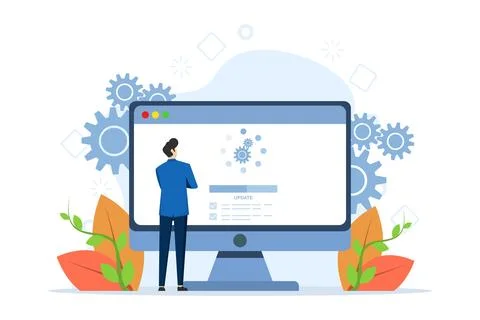 Man looking at computer with progress bar and percent indicator on screen イラスト素材