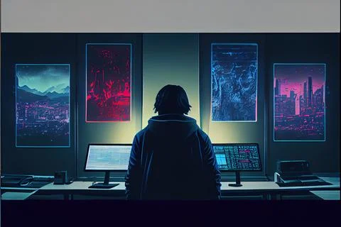 A Man Is Looking At A Computer Screen With Multiple Screens On It And A City In Stock Illustration