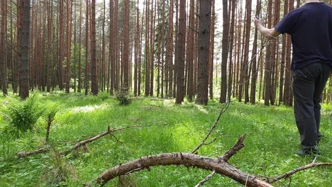 A man is looking for a connection in the forest with a telephone. Stock-Footage 108842477