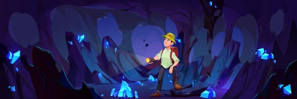 Man looking for crystal treasure inside mine cave Ilustração Stock