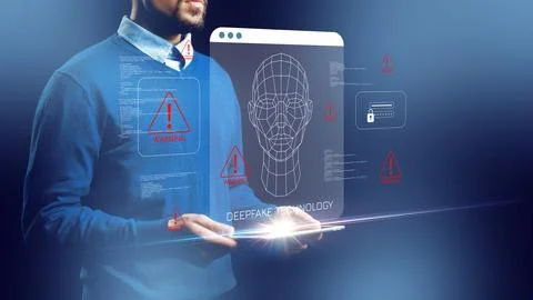 Man looking at deepfake technology on a digital screen in an indoor setting Stock Photos