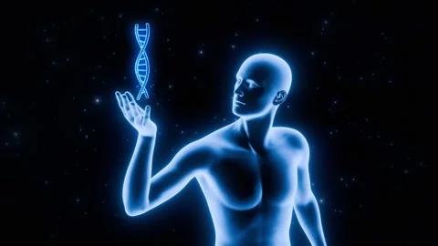 Man looking at DNA strand in his hand Stock Footage 309917523