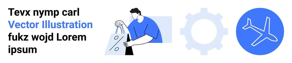Man looking at document, a gear icon, and airplane symbol representing analys 스톡 일러스트