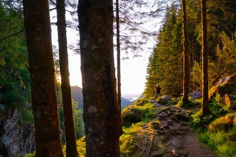 Man looking down on a cliff in Norway near the Kossdalsvinganen in Norway Foto stock