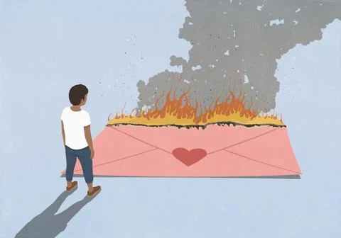 Man looking down at large burning large pink envelope with red heart shape Stock Illustration