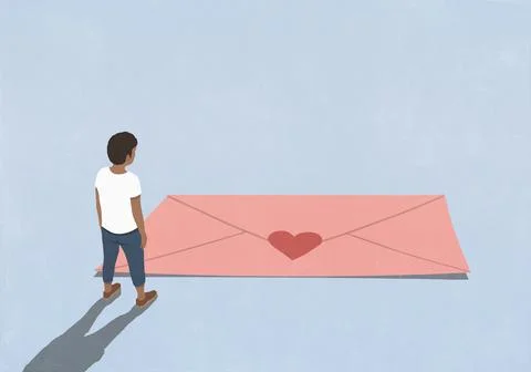 Man looking down at large pink envelope with red heart shape sticker Stock Illustration