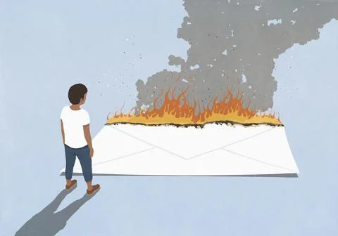 Man looking down at large white envelope burning on blue background Stock Illustration