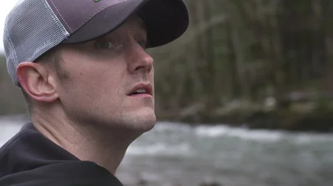 Man Looking Down River Stock Footage 65070080