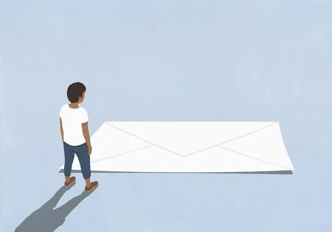 Man looking down at white envelope on blue background Stock Illustration