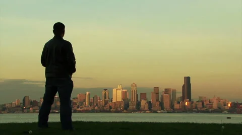 Man looking at downtown skyline skyscraper. Stock Footage