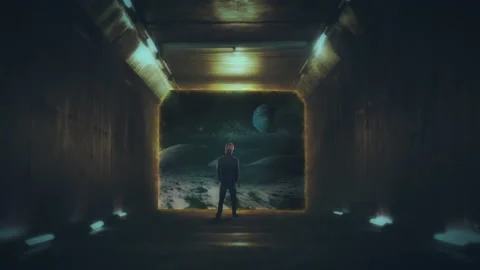 Man Looking Earth In Moon Base Dark Tunnel Zoom In Stock Footage 167233948