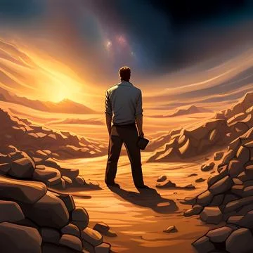 Man looking into the endlessness dessert Stock Illustration
