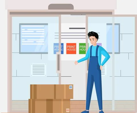 Man looking at equipment for printers in containers. Employee counts boxes with Stock Illustration