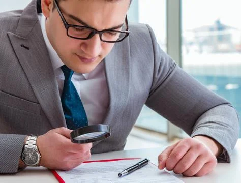 Man looking for errors and mistakes in report Foto stock