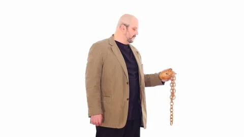 Man looking to fast running clock in his hands white screen Stock Footage 105002026