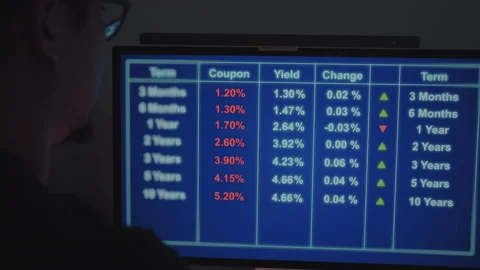 Man looking at financial interest rate data on a computer screen. Moddy over 動画素材 339864541
