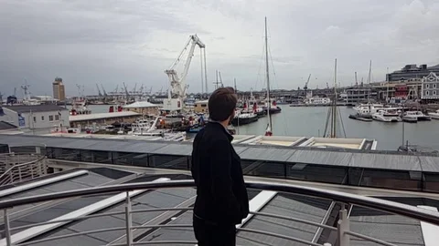 Man Looking at Flying Bird at Harbor in South Africa Видео 101622223