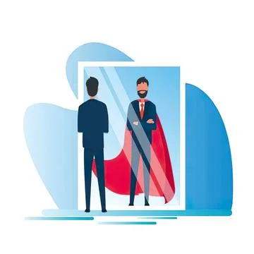Man looking at himself in a mirror dressed as a superhero Stock Illustration