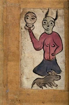 A man looking at his reflection in a mirror with a dog at his feet. Gouache.. 스톡 일러스트