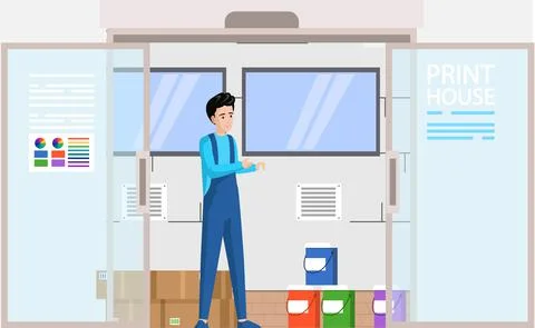 Man looking at inks for printers, paints in containers. Employee counts cans Stock Illustration