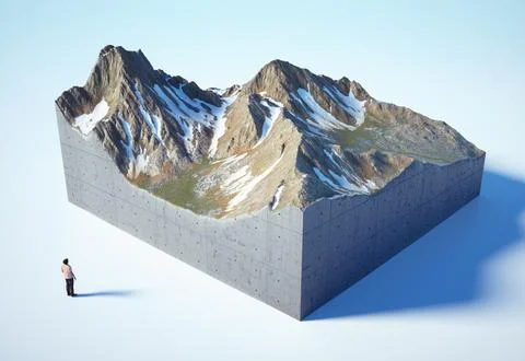 Man looking at an isometric mountain. Wanderlust and adventure concept. Stock Illustration