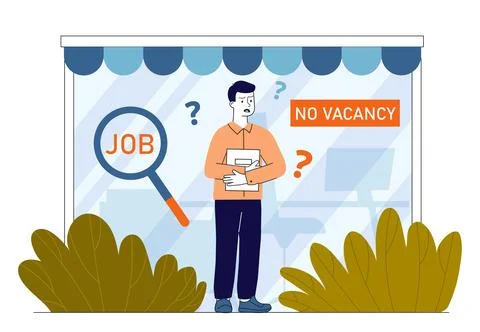 Man looking for job. Young guy with magnifying glass near shop building Ilustración de archivo