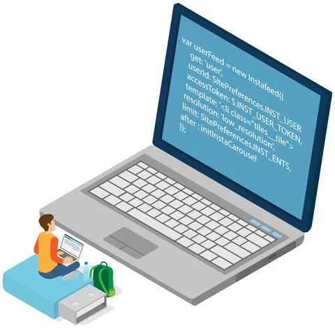 Man looking at laptop screen with program code. Programmer coding new project on Illustrazione stock