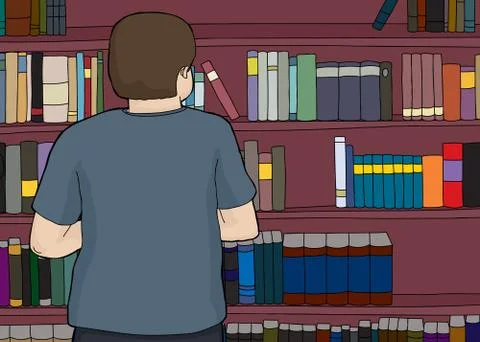 Man Looking at Large Bookshelf Stock Illustration