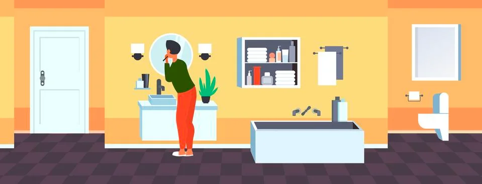 Man looking to mirror brushing teeth with toothbrush health care dental hygiene Stock Illustration