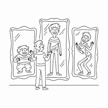 Man looking at mirrors with reflections of himself as child, adult, teenage.. Stock Illustration
