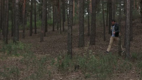 A man is looking for a missing person in the forest. Stock Footage 131132974