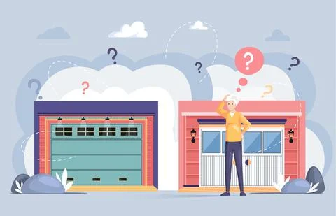 Man looking for modern garage with automatically opening doors. Selection of Illustrazione stock