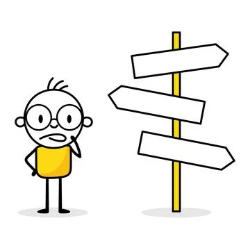 Man looking at multiple road sign and making decision where to go next. Busin イラスト素材