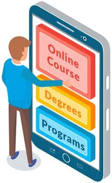 Man looking at online course, degrees, programs proposition in application for Stockillustratie