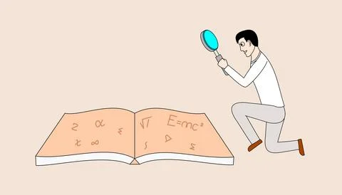 Man is looking at an open book with some formulas are shown there Stock Illustration