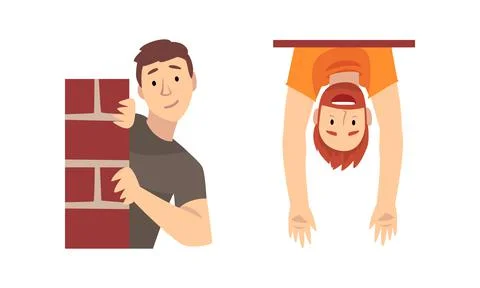 Man Looking Out From Brick Wall and Hanging Upside Down Vector Set. Stock Illustration