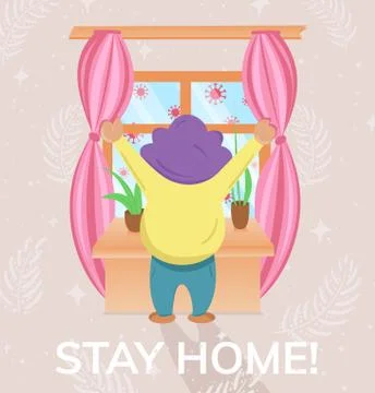  man looking out the window during quarantine Stock Illustration