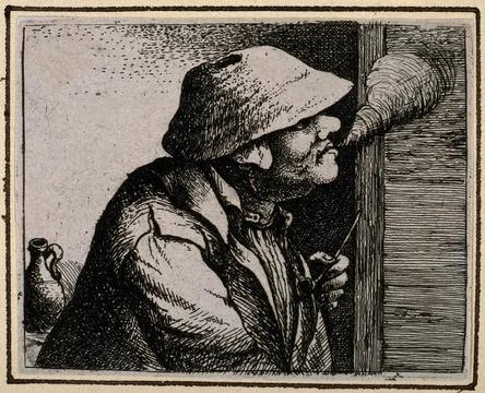 A man looking out of a window, holding a pipe, exhaling tobacco smoke. Etch.. Ilustración de archivo