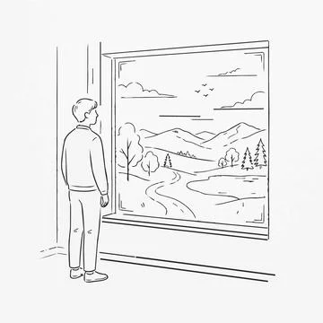 Man looking out window at scenic mountain landscape illustration Silhouette Stock Illustration