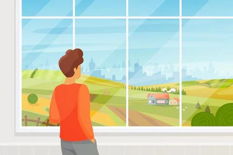 Man looking out window at summer peaceful countryside landscape and city on Stock Illustration